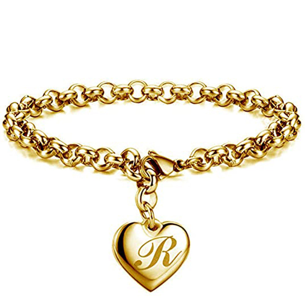 Gold Stainless Steel Heart Charm Initial Bracelet